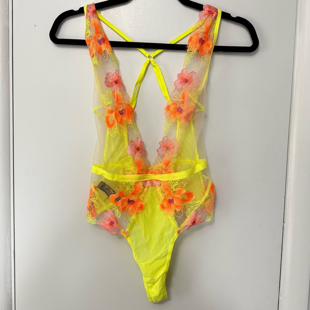 The Escante Collection Neon Yellow Sheer Mesh Lingerie Bodysuit Medium